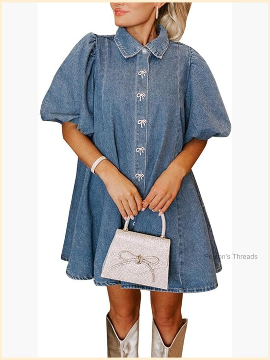 Dresses & Skirts - Blue Denim Babydoll Mini Dress with Puff Sleeves & Bow Decor